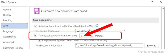 Microsoft Word Autorecover settings.