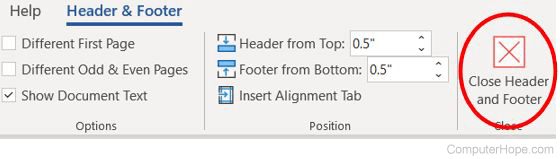 Close header and footer edit mode in Microsoft Word