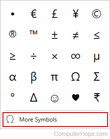 More Symbols selector in Microsoft Word.