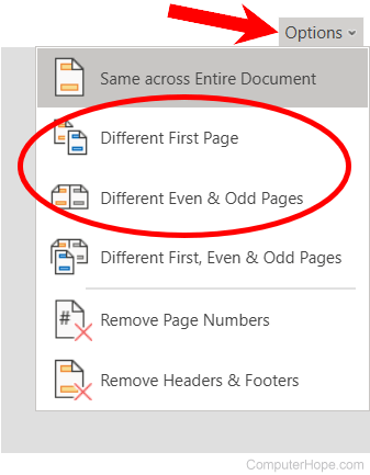 Different header and footer page options in Microsoft Word Online.