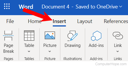 Insert tab in Microsoft Word Online.