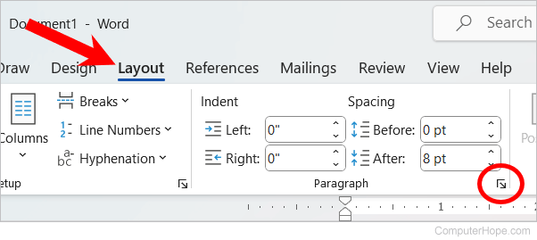 Paragraph options dialog launcher on the Layout tab in Microsoft Word.