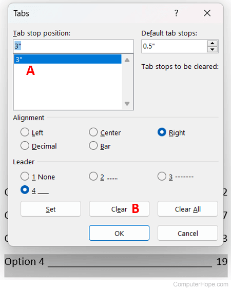 Removing a leader through the Tabs options window in Microsoft Word.
