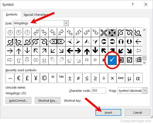 Microsoft Word - check mark in Symbols