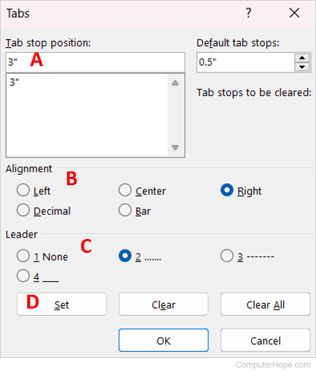 Tab stop and leader options in Microsoft Word.