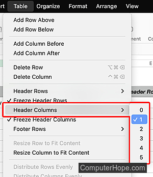 Apple Numbers header column count selection.