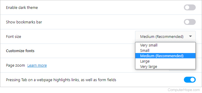 Adjusting the font size in Opera.