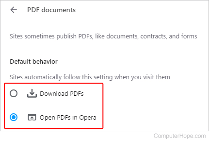 Toggle switch for Opera PDF document settings