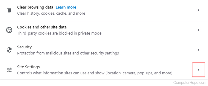 Site settings selector in Opera.