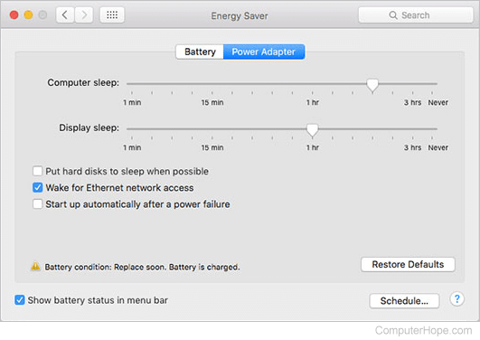 macOS Energy Saver Preferences Dialog Box