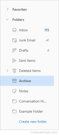 Archive folder selector in Outlook.com.