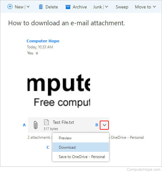 Instructions on how to download an e-mail attachment in Outlook mail.