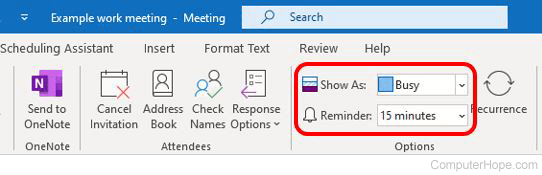 Optional settings of Show As and Reminder time for an Outlook calendar meeting.
