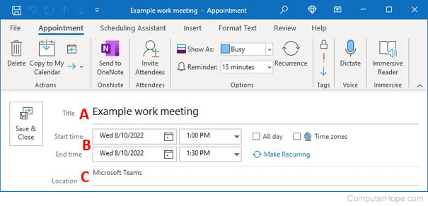 Setting a title, Start time, End time, and Location for an Outlook calendar meeting.