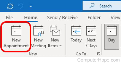 New Appointment option in the Microsoft Outlook Ribbon.