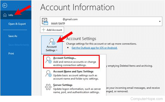 Account Settings option in Outlook 2016 and later.