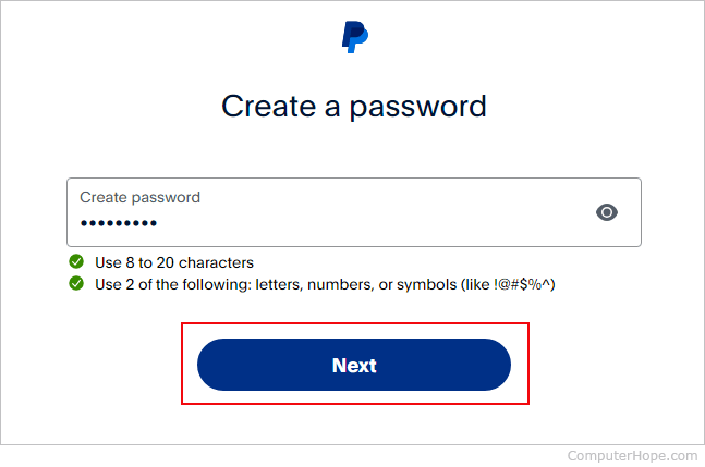 Creating a password for a new PayPal account.