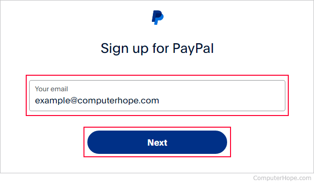 Entering an e-mail address durning PayPal account sign up.