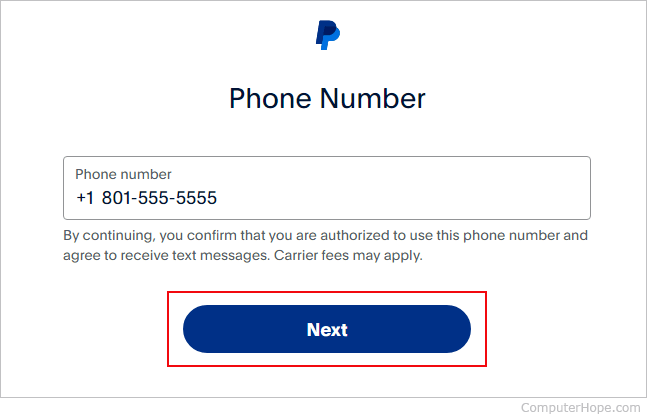 Entering a phone number to associate with a PayPal account.