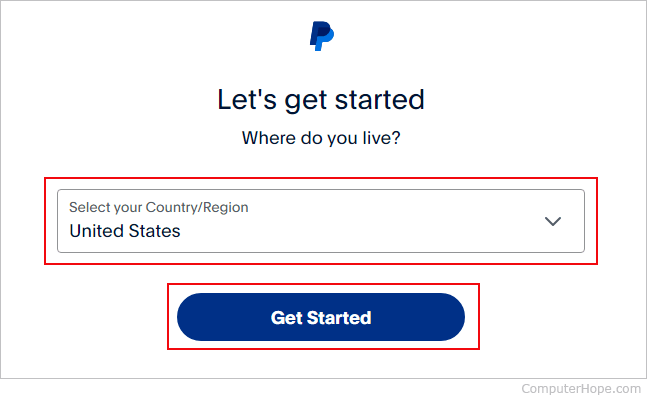 Selecting a region during PayPal sign-up process.