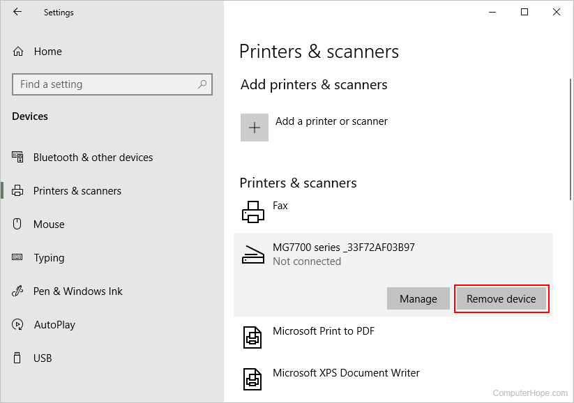 Removing a printer in Windows 10 and Windows 11.