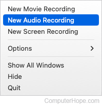 Initiating a recording in QuickTime.