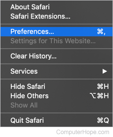 Preferences selector in Safari