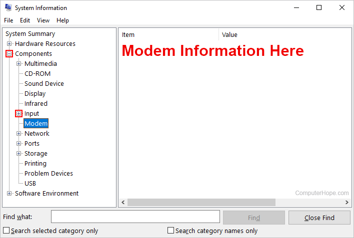 Modem subcategory of System Information tool in Windows.