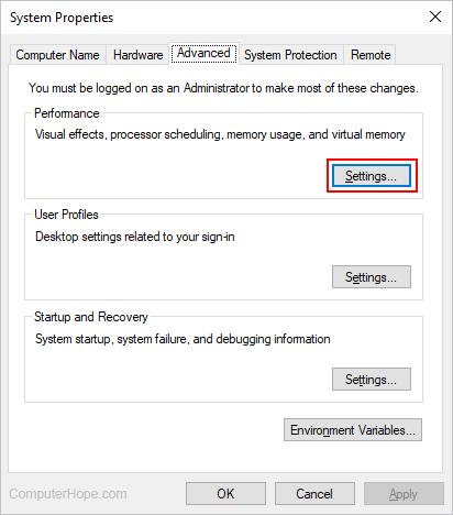 Settings button for performance in System Properties.