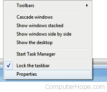 Windows taskbar properties