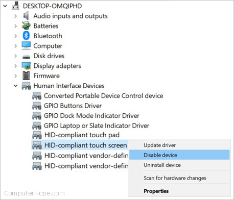Disable touch screen in Windows Device Manager