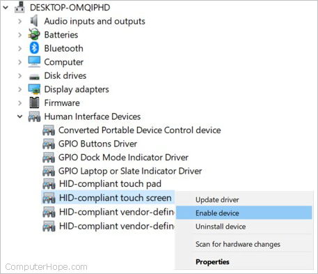 Enable touch screen in Windows Device Manager