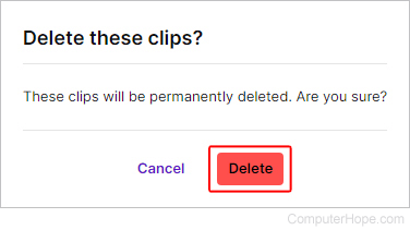 Confirming a clip deletion on Twitch.