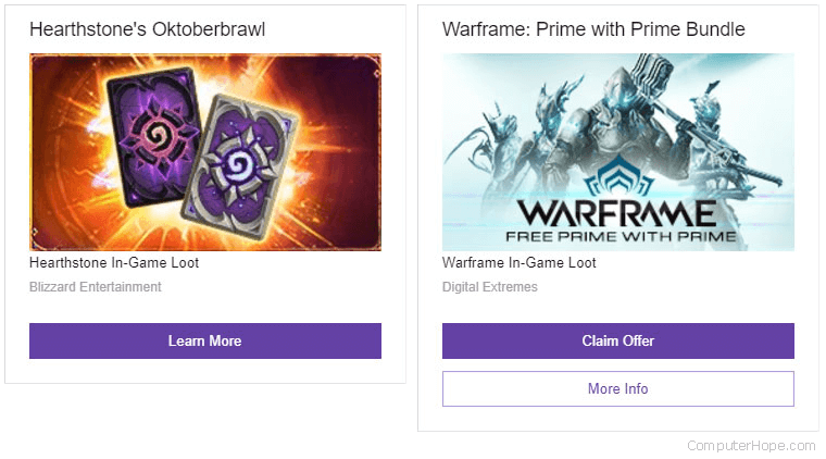 Various Twitch loot offers.