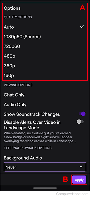 Choosing a playback quality on Twitch mobile app.