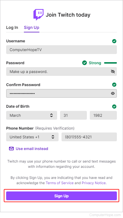 Form used to sign up for a Twitch account.
