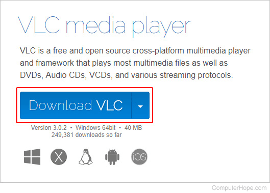 Button that allows users to download the VLC media player.