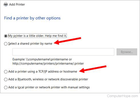 Add printer in Windows 10 by name or IP address