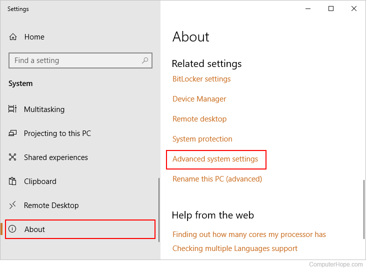 Advanced system settings link in Windows 10.