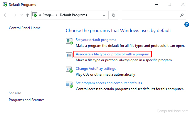 Associate a file type or protocol with a program in Windows.