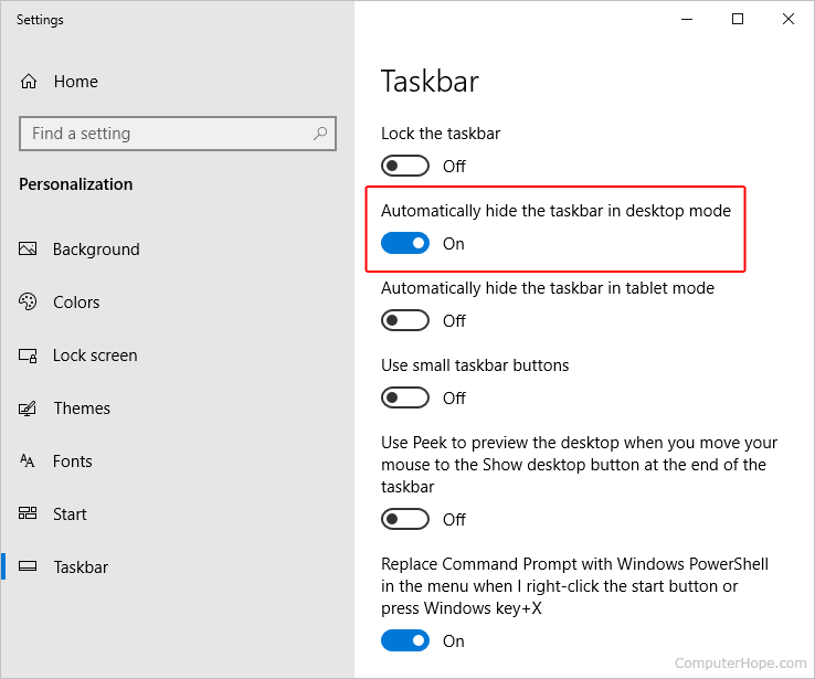 Enabling the autohide feature for the Taskbar in Windows 10.
