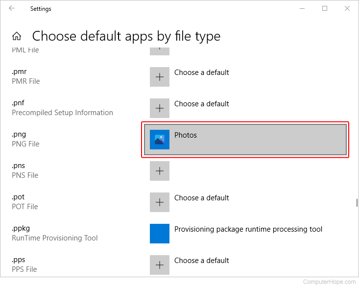 Default app selector in Windows 10.