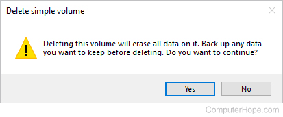 Confirmation prompt for deleting a volume in Windows 10