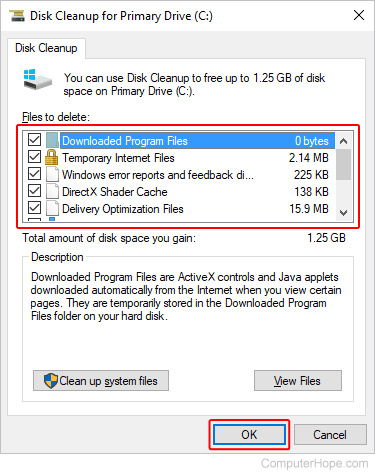 Disk Cleanup selections