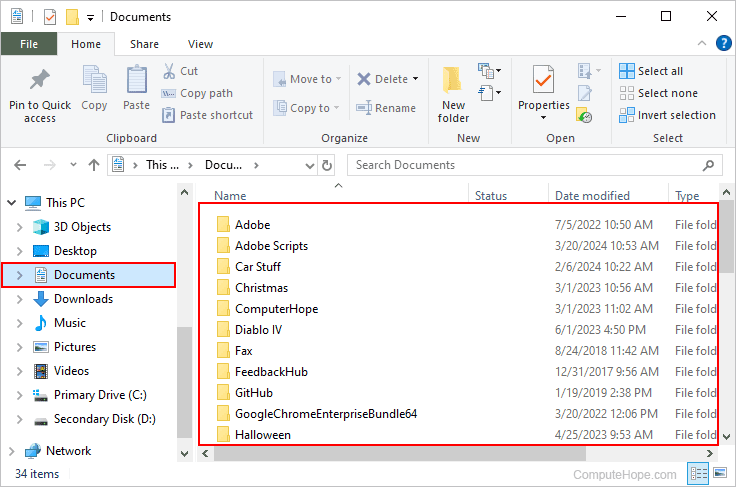 Documents folder contents in Windows 10.