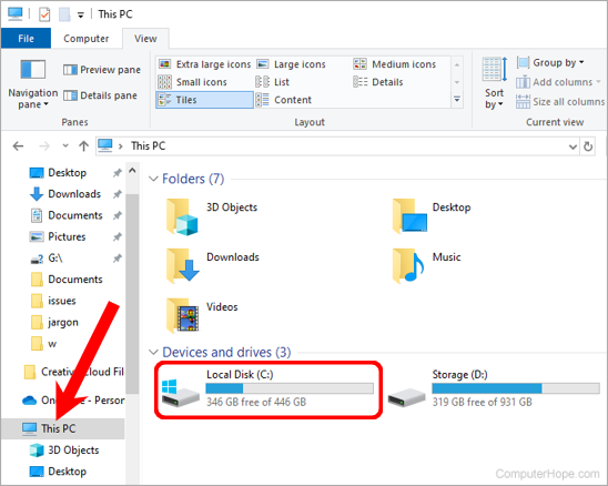 C drive after selecting This PC in Windows 10 File Explorer.