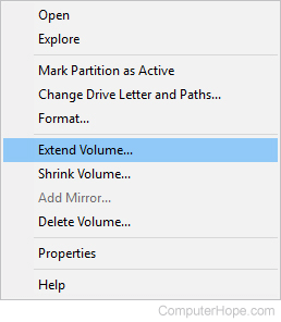 Extend Volume selector in Windows 10