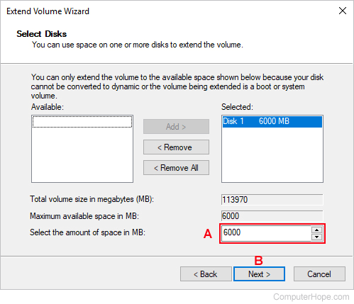 Extend Volume Wizard in Windows 10.