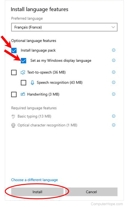 Windows 10 language options to install