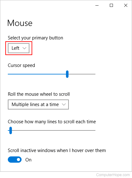 Choosing left and right mouse button actions in Windows.